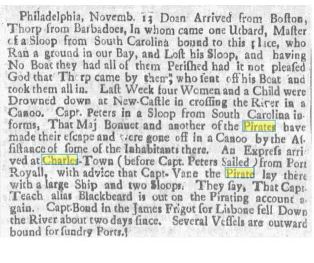1718 Boston News-Letter reference to Charles Vane and Blackbeard